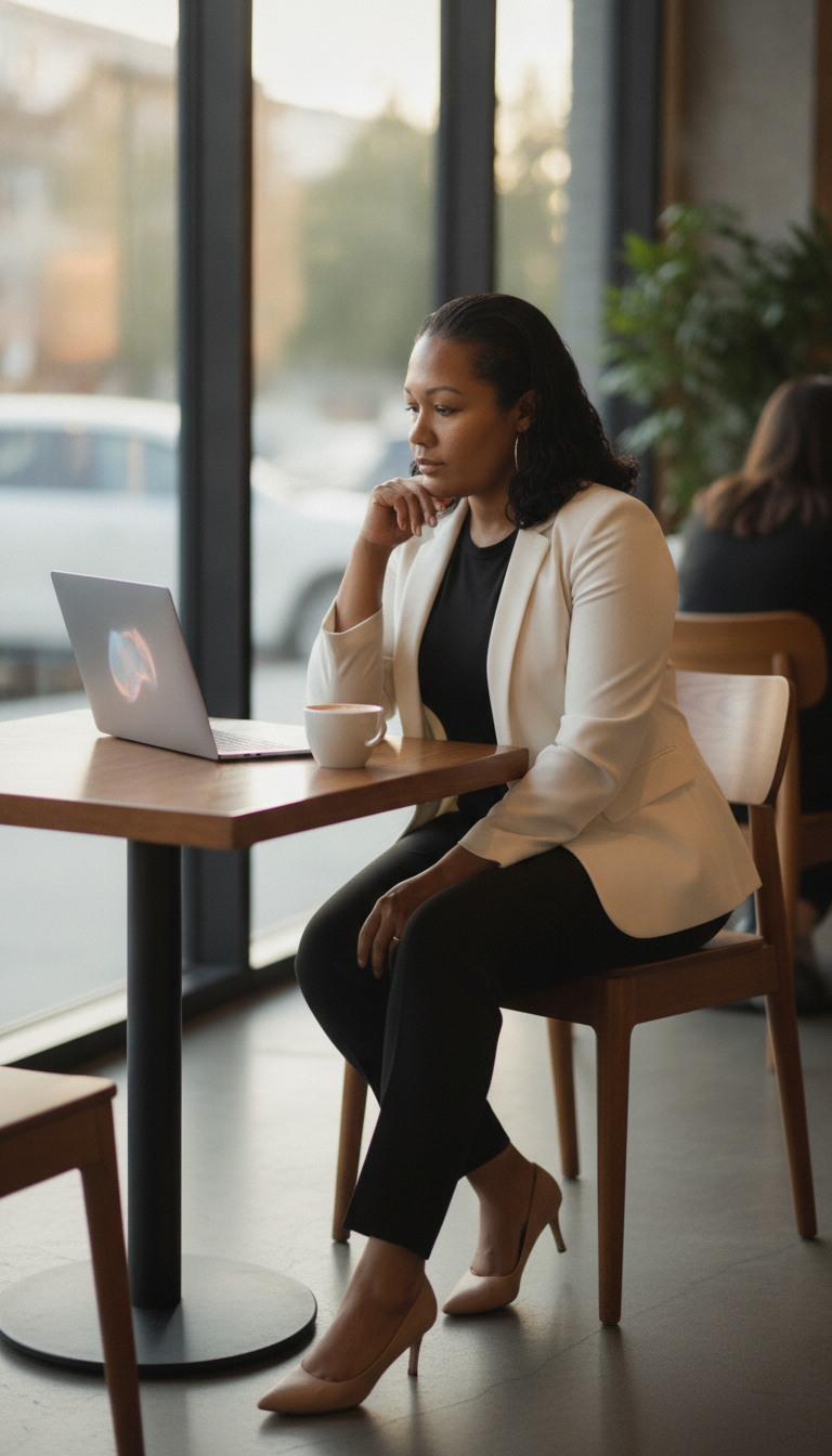 Jessica Scott working at her laptop in a café