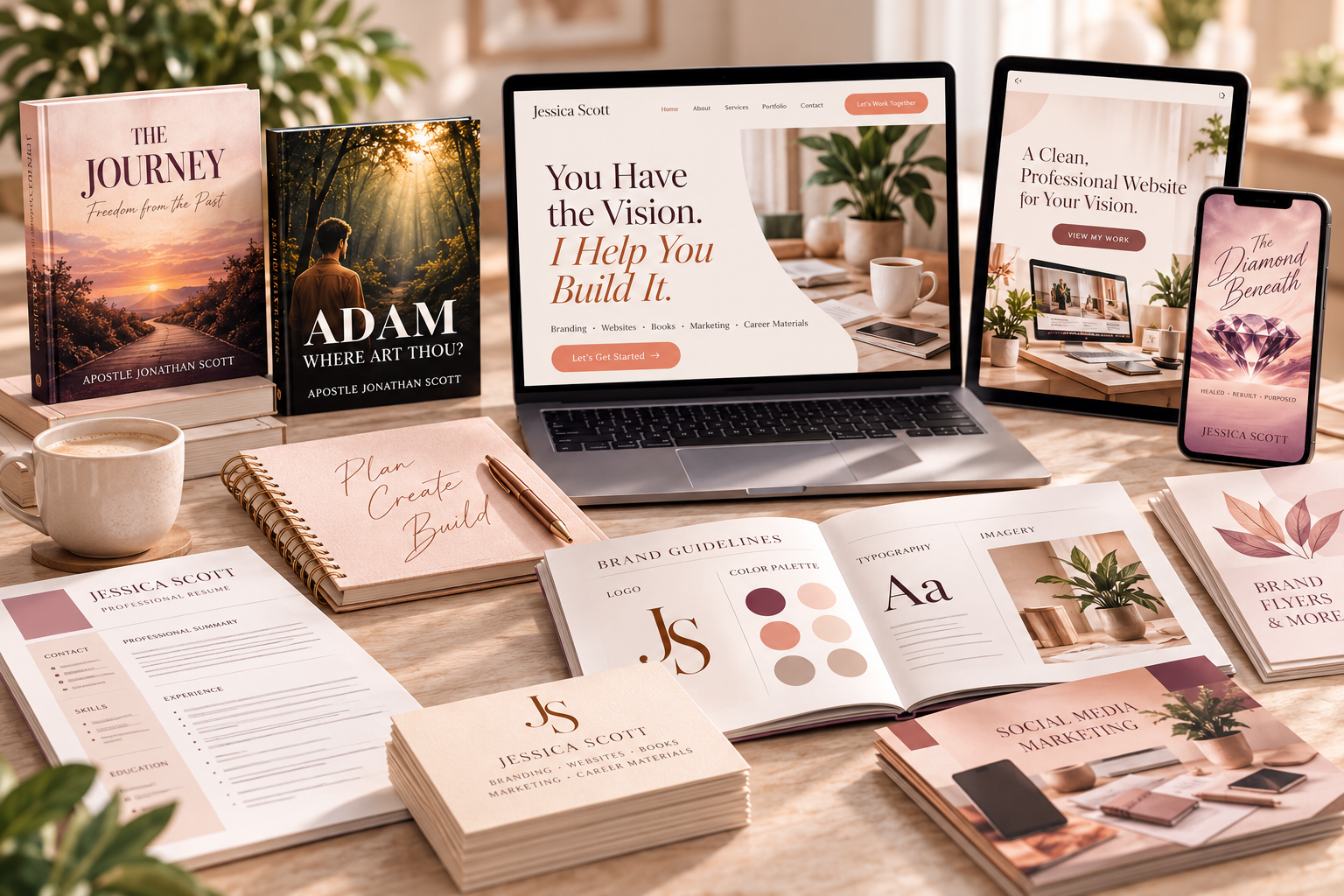 Creative workspace showing Jessica Scott's website, books, resumes, brand guidelines, and marketing materials