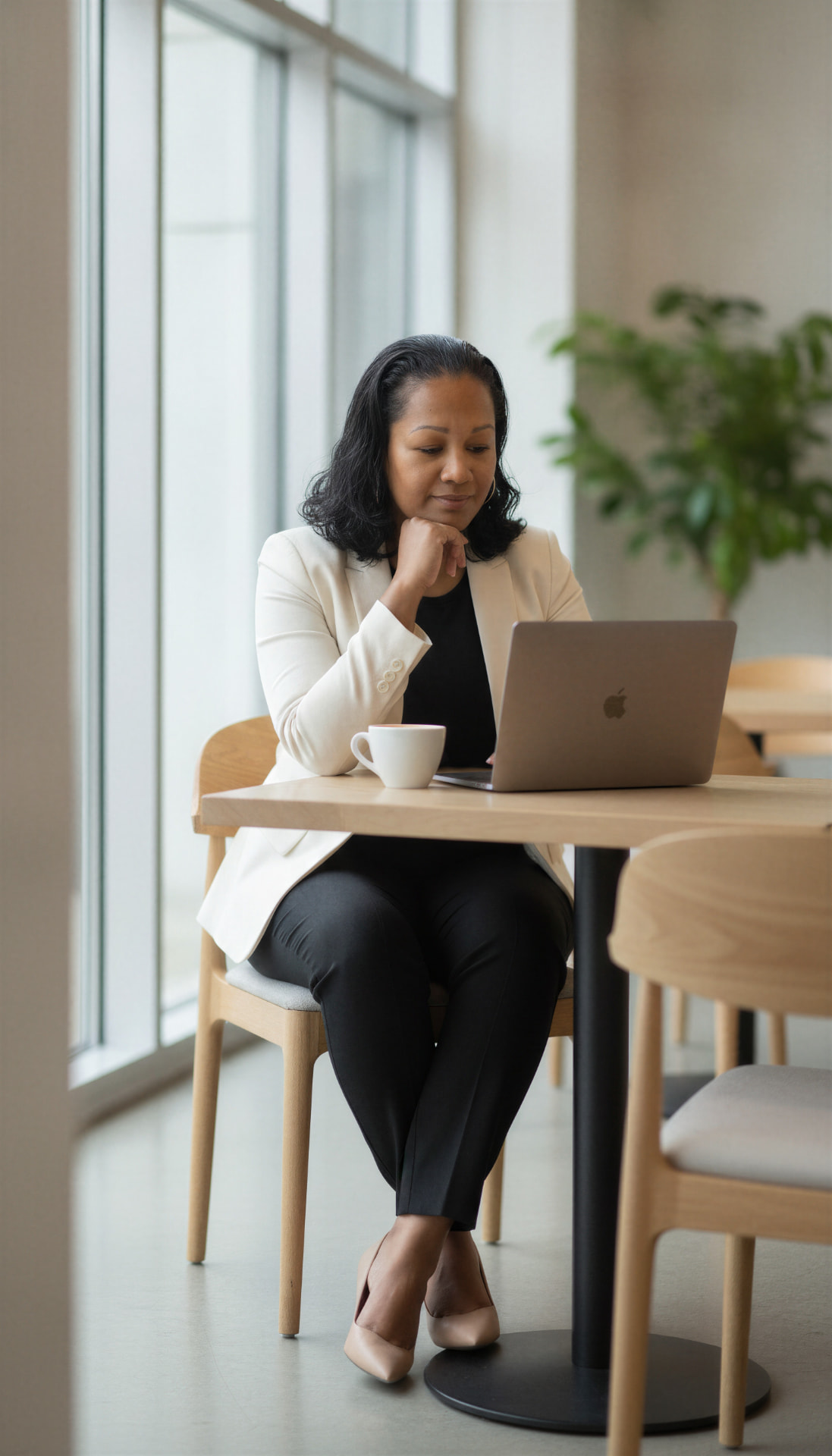 Jessica Scott seated at a café table, hand under her chin, working at her laptop
